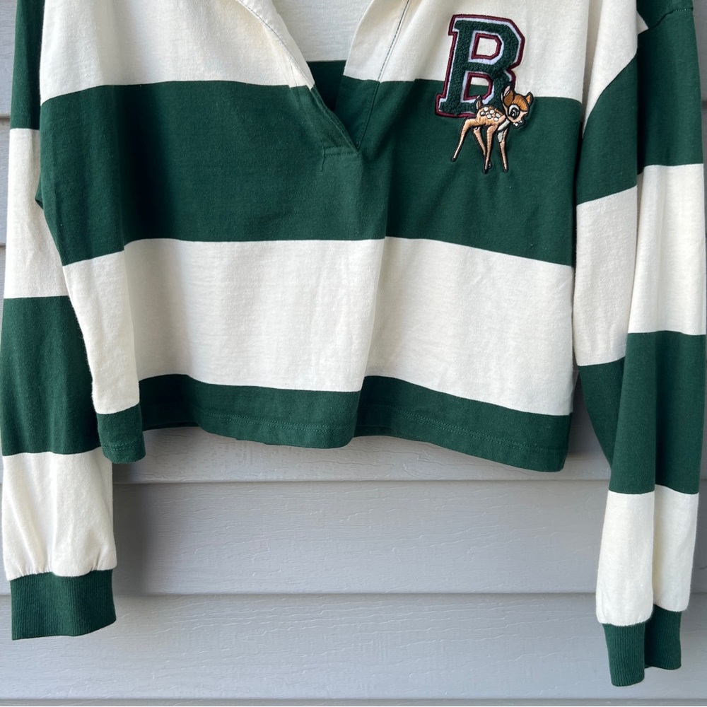 Disney Bambi Cropped Rugby Top XL Stripe Varsity Green White Long Sleeves - Picture 3 of 11